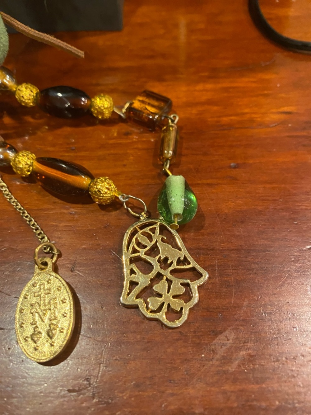 Wacky Item for Challenge Gold-Tone Multi Charm Necklace with Amber color Beads - Picture 5 of 12